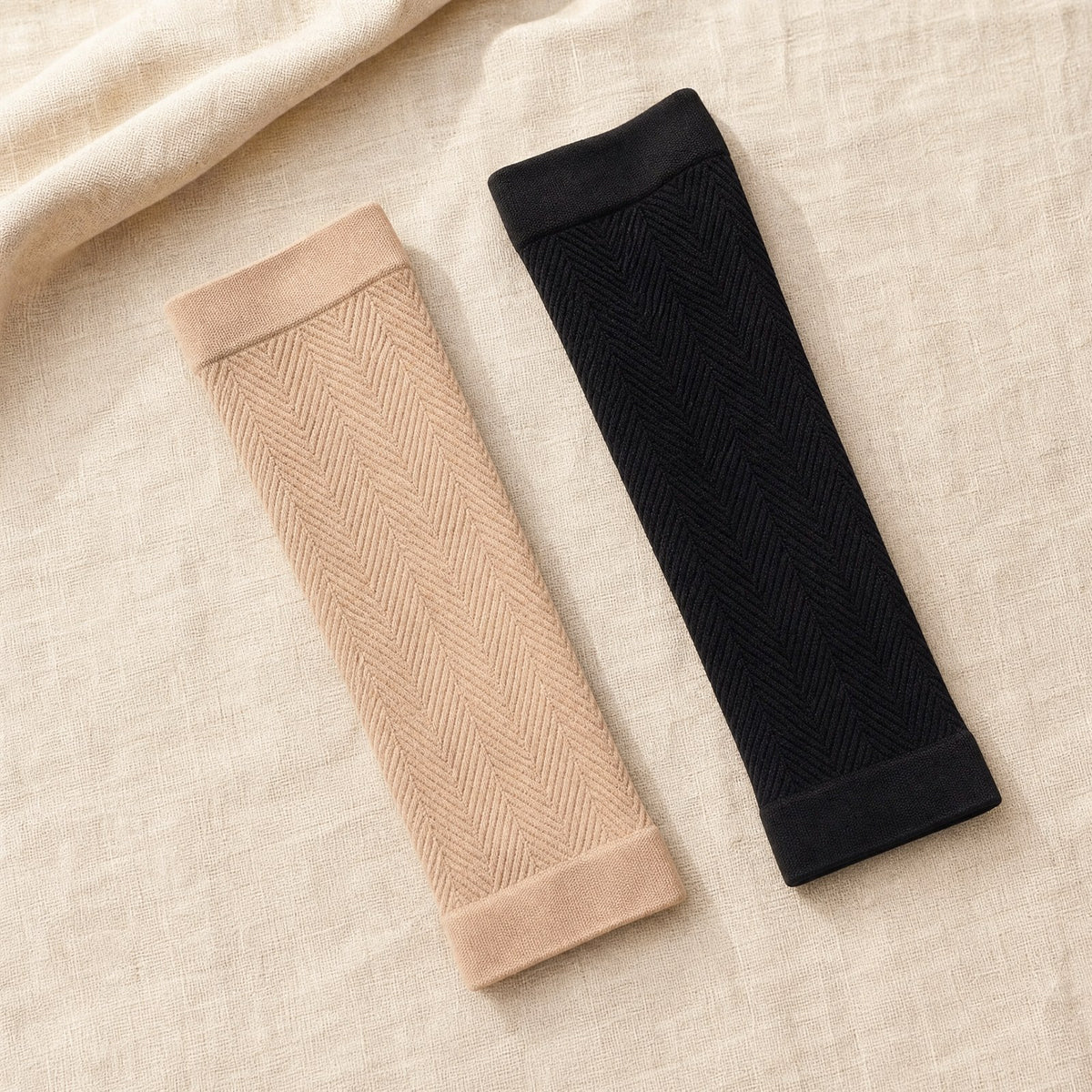 Beige and black arm sleeves