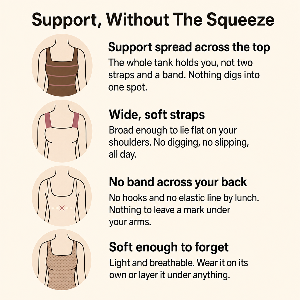 Support without the squeeze: spread-out support, wide straps, no band, soft fabric