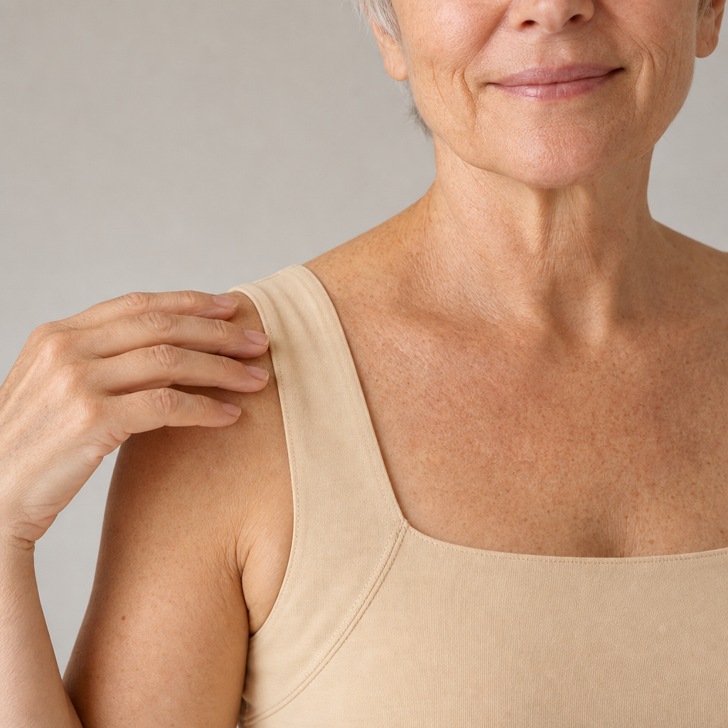 Wide soft strap lying flat on the shoulder