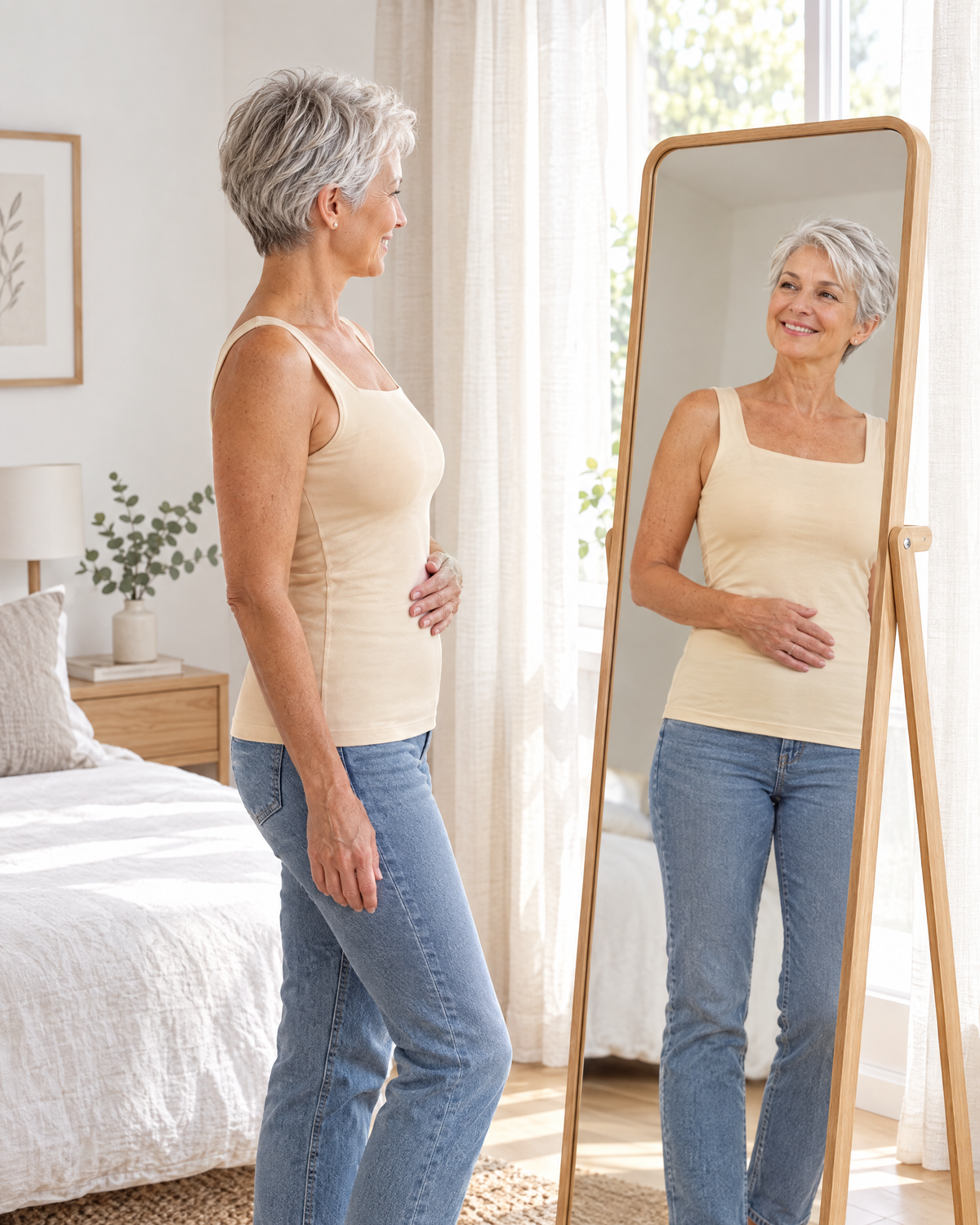 Woman smiling in the mirror wearing the Shapova Comfort Tank